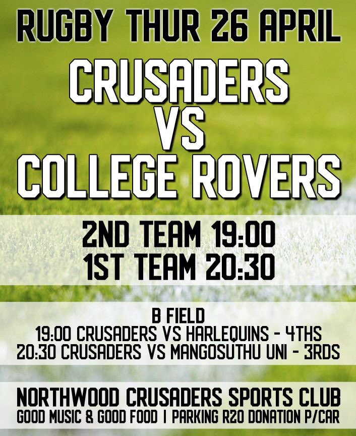Get down to your local club tonight to support club rugby! 

<a href="/vcrugger/">Varsity College RFC</a> vs <a href="/CollegiansDBN/">Collegians</a> 20:00
 <a href="/UKZN_Rugby/">UKZN Rugby</a> vs <a href="/Toti_Rugby/">Toti Rugby</a> 21:00 

The match of the weekend is between the two unbeaten clubs in the <a href="/Fidelity_Secure/">Fidelity Services Group</a> Moor Cup <a href="/DbnSadersRugby/">Northwood Crusaders</a> vs <a href="/collegerovers/">College Rovers</a>  20:30