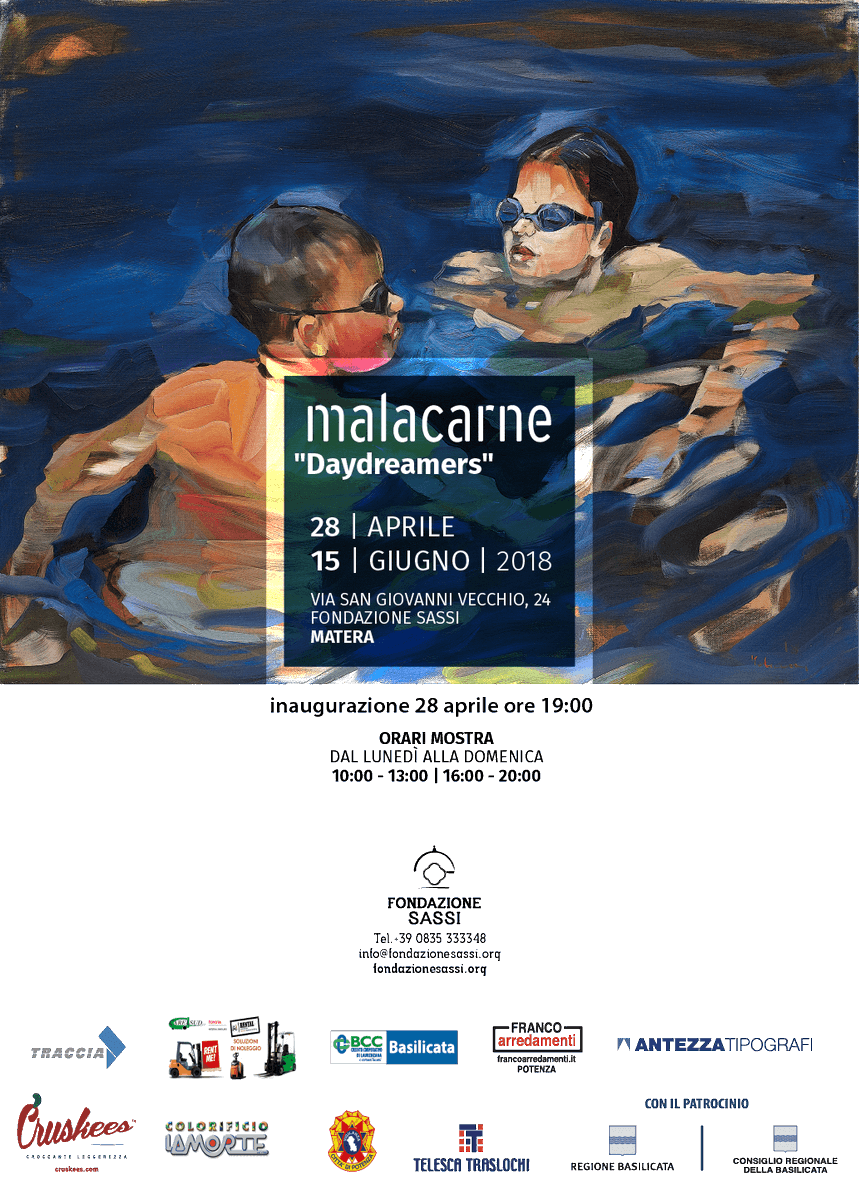 Sarà inaugurata sabato 28 aprile 2018, alle ore 19:00 presso gli spazi espositivi della #FondazioneSassi a #Matera, la mostra "Daydreamers" dell'artista Claudio Malacarne.
28 Aprile - 15 Giugno 2018. Ingresso gratuito.

#EventiMatera #MostreMatera #MalacarneinMostra