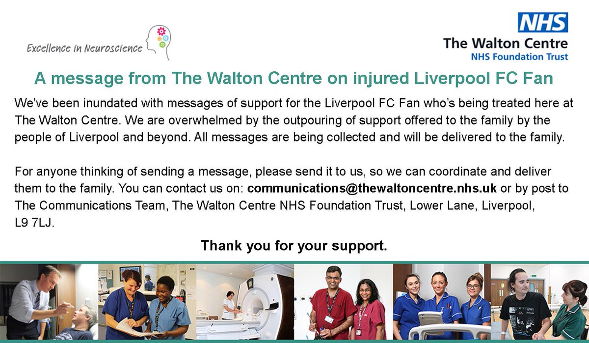 WaltonCentre's tweet photo. A message from The Walton Centre regarding the injured Liverpool FC Fan: https://t.co/vvPDoBqrI4