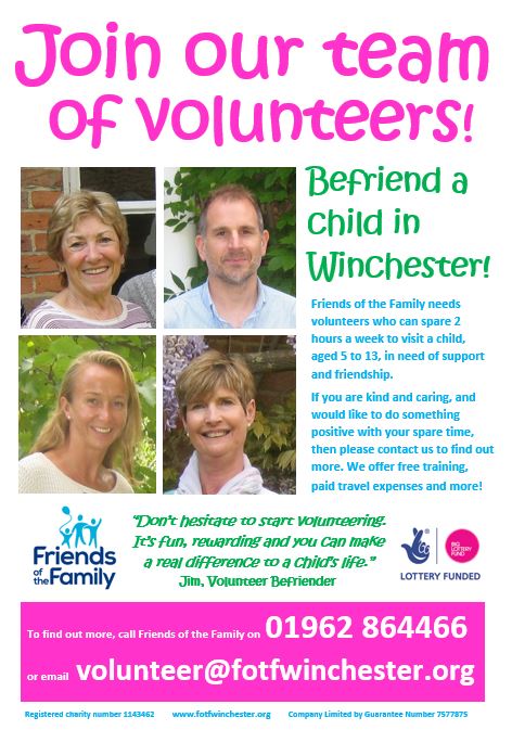 FotFWinchester's tweet photo. We are recruiting NOW for our next Befriender Training Course which takes place in June. Children, aged between 5 and 13, across the Winchester district need volunteer befrienders who can spare two hours a week offering them support. Call 01962 864466 to apply. https://t.co/XqNSCRc1gw