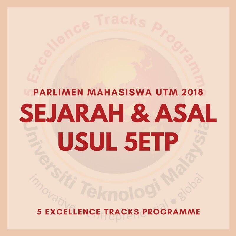 5ETPUTM's tweet photo. SEJARAH &amp; ASAL USUL 5ETP
5 Excellence Tracks Programme (5ETP) diilhamkan oleh mantan Naib Canselor UTM, Prof. Dato' Seri Ir. Dr. Zaini Ujang, pada Januari 2011 semasa Perutusan Tahun Baru 2011 UTM. https://t.co/7d1qCaFp6W