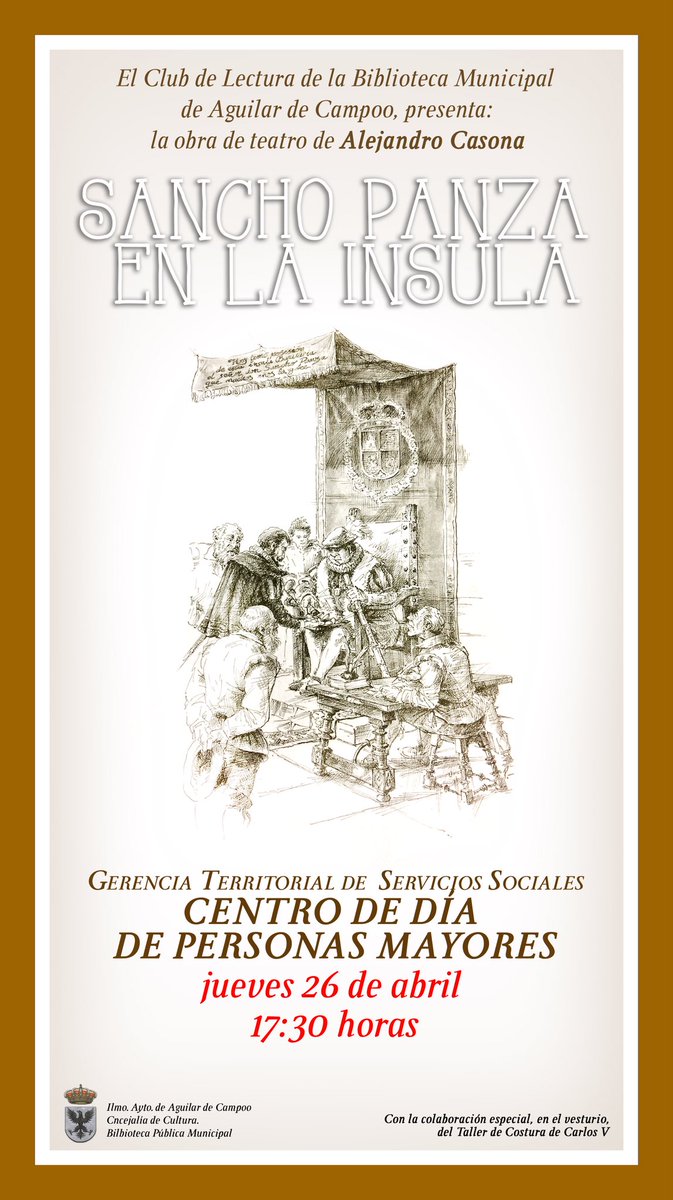 Esta tarde el #ClubdeLectura de nuestra #biblioteca vuelve a subirse al escenario.... #teatro sencillo pero hecho con el corazón. Esperamos que os guste. Será a las 17:30 en el "Hogar del Jubilado". "Sancho Panza en la Ínsula" de Alejandro Casona. #AguilarDeCampoo