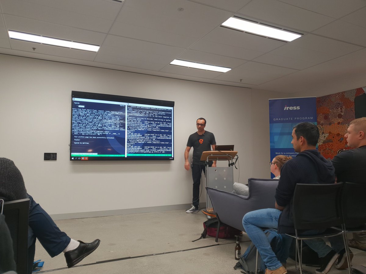 fceruti's tweet image. Learning how to prevent malicious template injection with @pi3ch from @elttam at @iress HQ 

I get it, pass an unfiltered get parameter and you can get raped
 #SyPy #Python