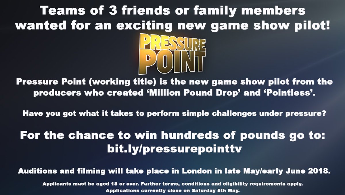 <a href="/YourFaceOnTelly/">GetYourFaceOnTelly</a> Hi, please RT. We're looking for teams of three friends, colleagues or family members for an exciting new physical game show pilot for ITV. To apply go to bit.ly/pressurepointtv