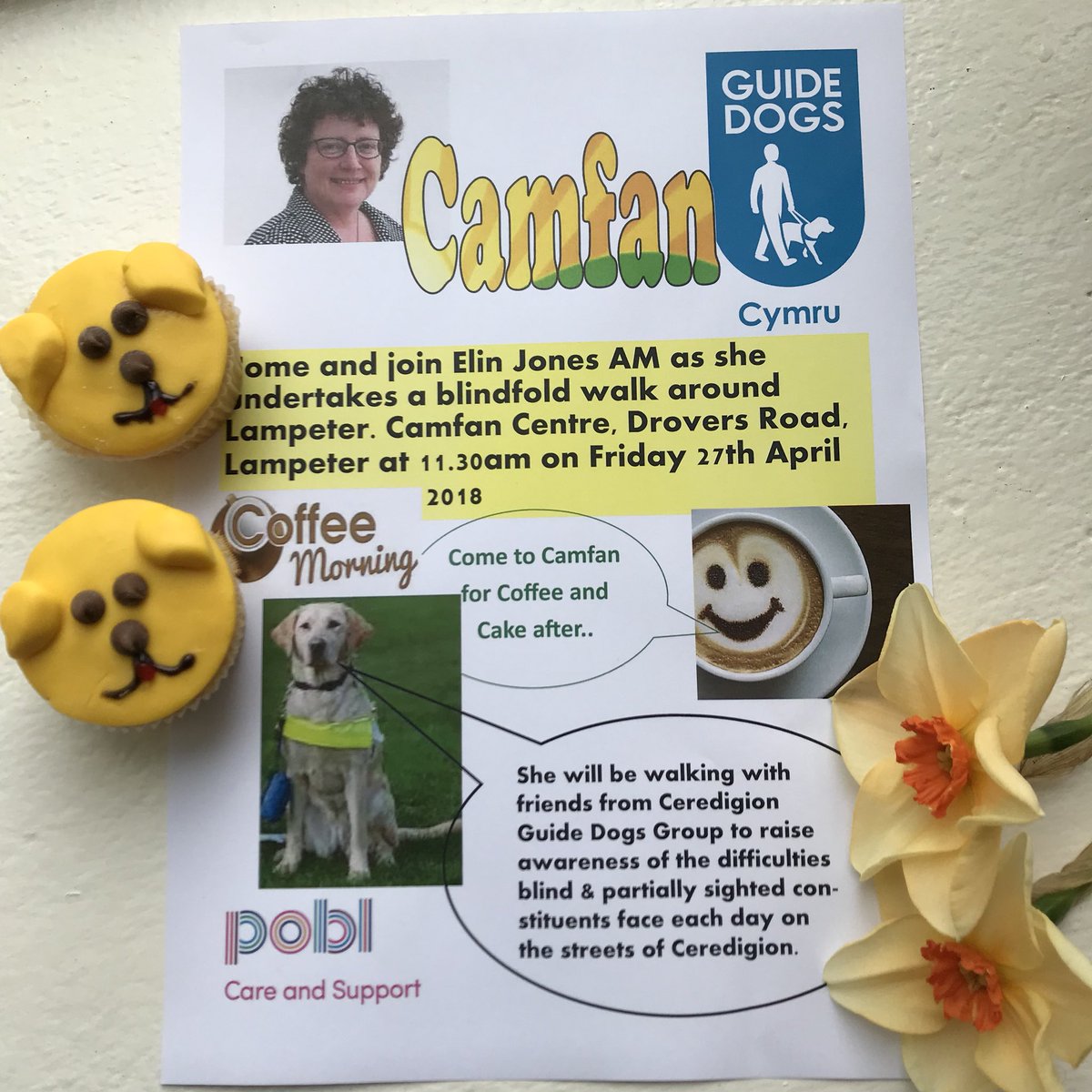 CamfanHub's tweet photo. Dewch i gefnogi @ElinCeredigion yn Llambed yfory a ymuno gyda ni am gacen a paned ☕️🌼 

@RadioCeredigion @BBCRadioCymru @lampetertown @guidedogs @LampeterPolice https://t.co/VYXJQwfhmE