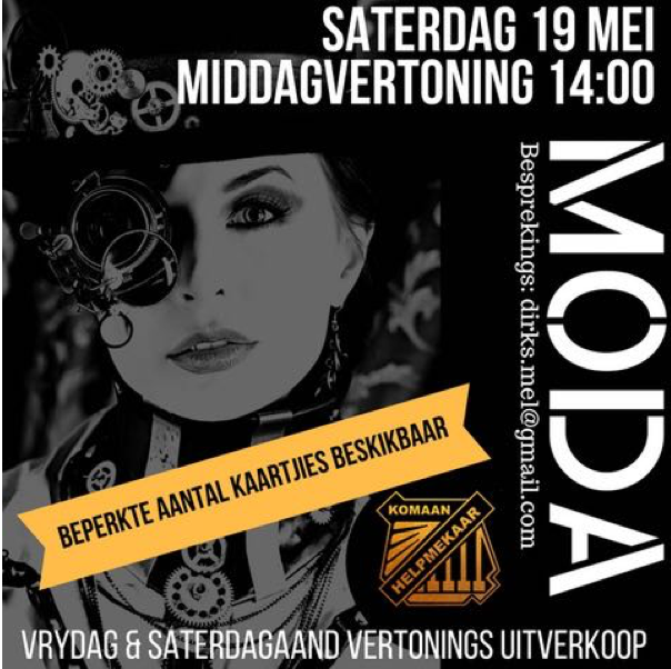 Ons modeparade-kaartjies vir Vrydag- (19e) en Saterdagaand (20e) is uitverkoop.  Daar is wel nog kaartjies beskikbaar vir Saterdagmiddag, 19 Mei om 14:00.   Kontak gerus vir Melani Dirks dirks.mel@gmail.com  indien u graag wil kom.