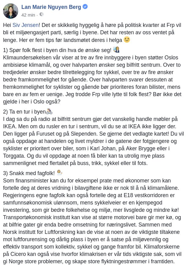 Oslopartiet's tweet photo. Lite vil være bedre enn om FrP blir et ekte miljøparti! Men da må de ha det i mer enn kjeften. @Lan_Marie gir mer enn gjerne tips til hvordan @Siv_Jensen_FrP kan gjøre partiet sitt til en ekte konkurent om miljøvelgerne https://t.co/2Ppbr9dUGe https://t.co/t8tKZ53iHE