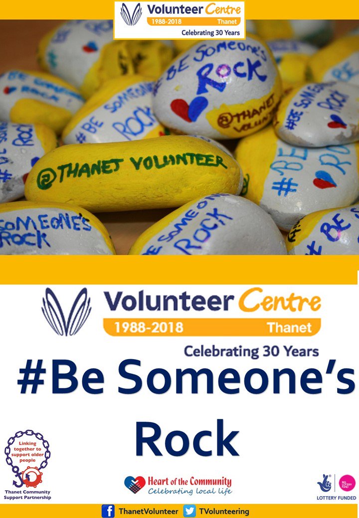 Join our #BeSomeonesRock campaign to prevent loneliness in #Thanet with Thanet Rock Hunters
You can help #EndLoneliness Volunteer or help an older person give them our number 609337
@TVolunteering or
HELP BY LIKING &amp; SHARING OUR PAGES 
facebook.com/ThanetCommunit…
#Ramsgate
#Margate