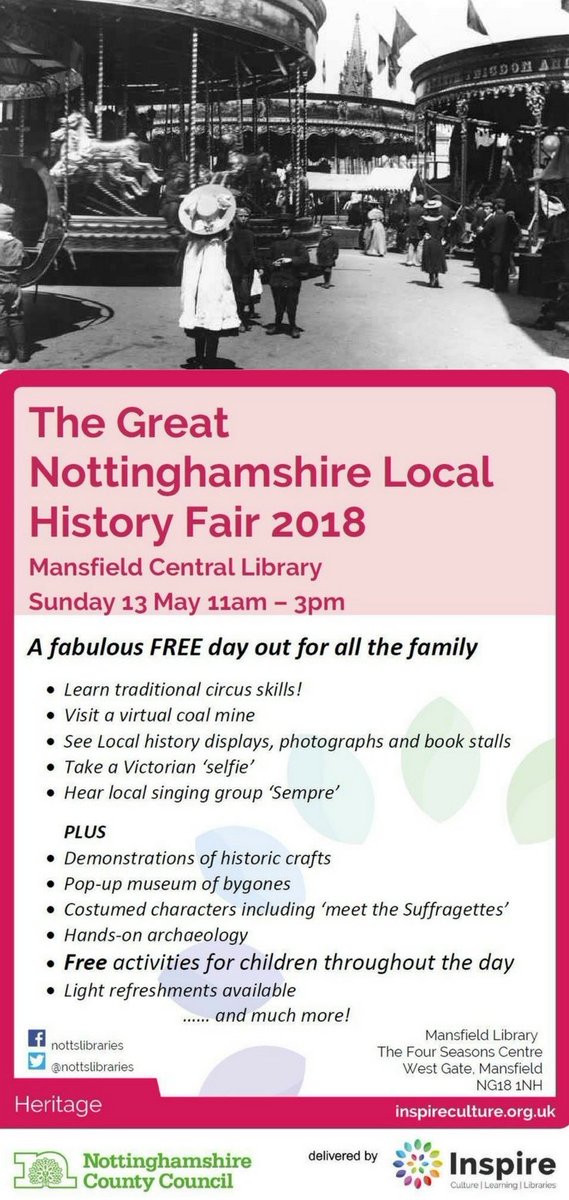 DHLMuseum's tweet image. The Great Nottinghamshire Local History Fair is taking place on Sunday 13th May at Mansfield Central Library, from 11am-3pm. This FREE event is a great day out for the whole family, with pop-up museums, a virtual coal mine, hands-on archaeology and circus skills! @NottsLibraries