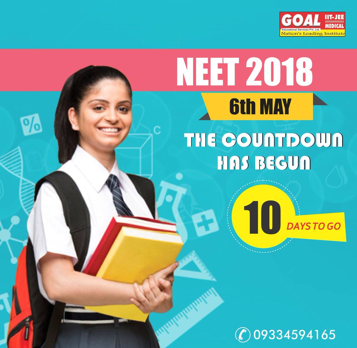goalpatna's tweet photo. The countdown for the prestigious National Eligibility cum Entrance Test (NEET) has begun, This national-level entrance test conducted for admissions to medical courses is scheduled on May 6, 2018.
#NEET2018 #CountdownBegun #MedicalExam #Aspirants #GoalInstitute https://t.co/NpYuhRmLqW