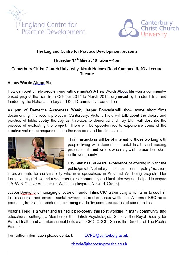 Join us at <a href="/EC4PD/">EC4PD</a> on 17/05/18, 2-4pm, in room Ng03 as part of Dementia Awareness Week for a EC4PD Masterclass on the National Lottery and Kent Community Foundation biblio-poetry therapy and dementia project A Few Words about Me. See below for more details.