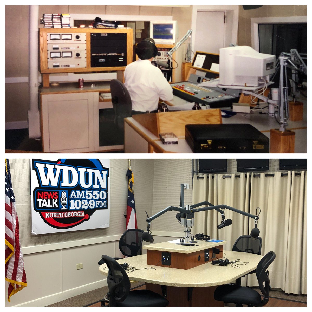 WDUNRadio's tweet photo. What a transformation our studio has made! This has been our big studio from day 1 and it's cool to see just how far we have come. #TBT #accesswdun https://t.co/da28qJc1Bw