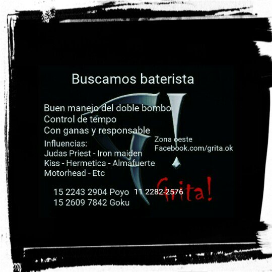 Buscamos baterista 
#batero #baterista #drummer #metalero #heavymetal #Grita #Musico #Busco #Banda #Oeste #Argentina #Busca #DobleBombo #Tempo