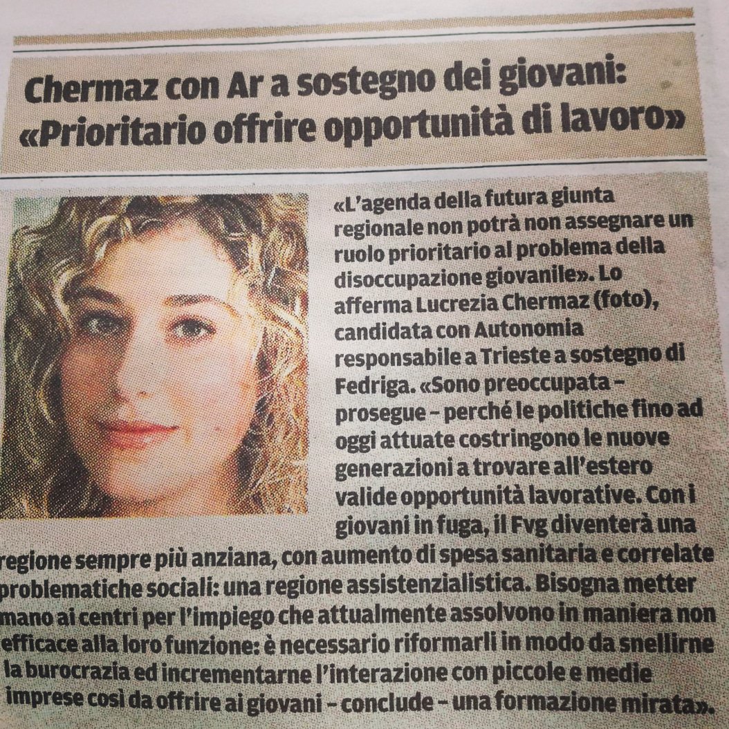 sul <a href="/il_piccolo/">Il Piccolo</a> di oggi: #AutonomiaResponsabile a sostegno della occupazione #giovani: riforma centri per l impiego, staffetta generazionale, cogliere opportunità offerte dal Porto sono solo alcune delle ns proposte. #FedrigaPresidente #LaSvolta #ElezioniRegionaliFvg