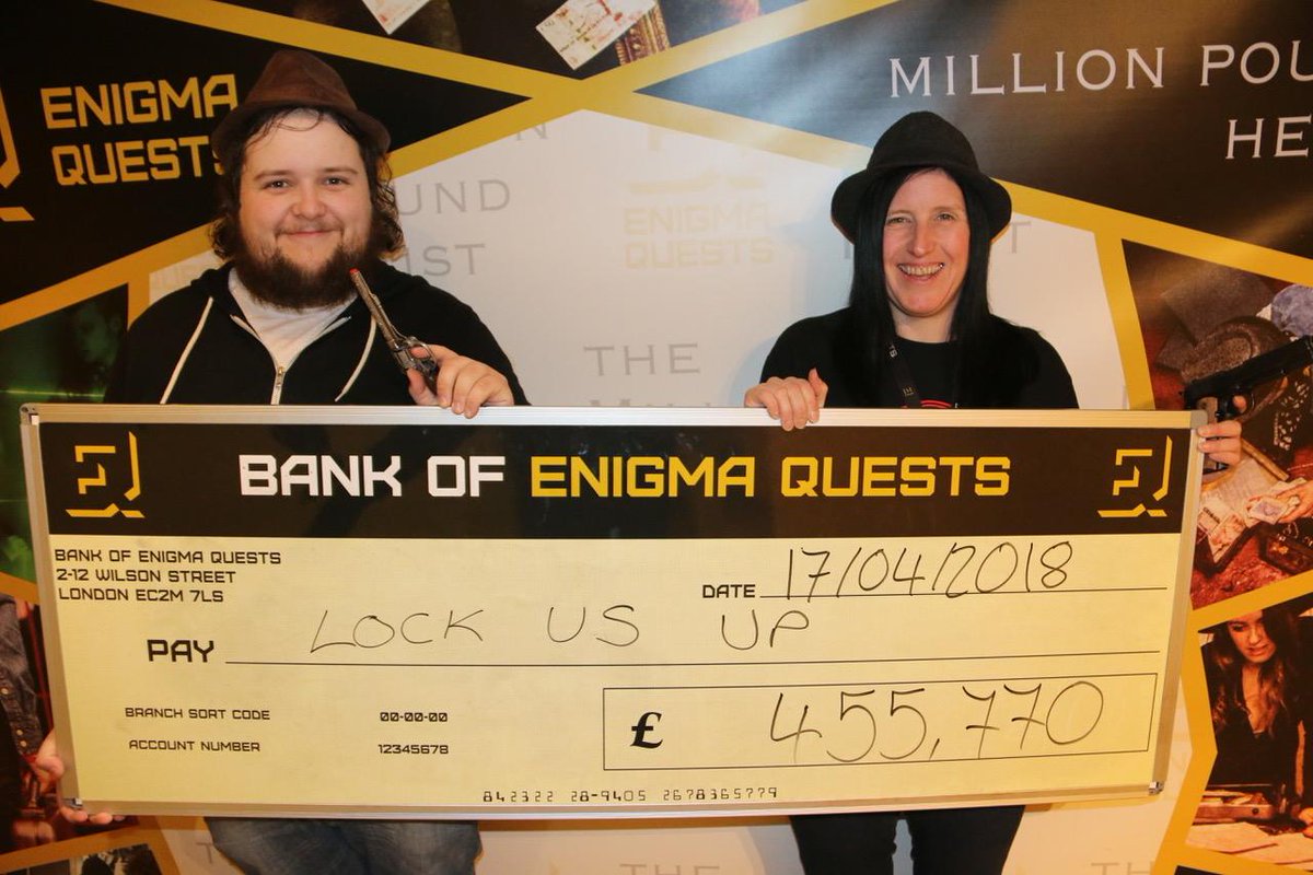 <a href="/Lock_Us_Up/">Lock Us Up</a> <a href="/EnigmaQuests/">Enigma Quests</a> A very clever ending as in its not quite as straightforward as it seems! Tho we still did the straightforward method 😆 wish we'd have used our remaining 10 mins more wisely!A great game.Loved how you progressed to the vault,another person would've been handy though. Recommended!