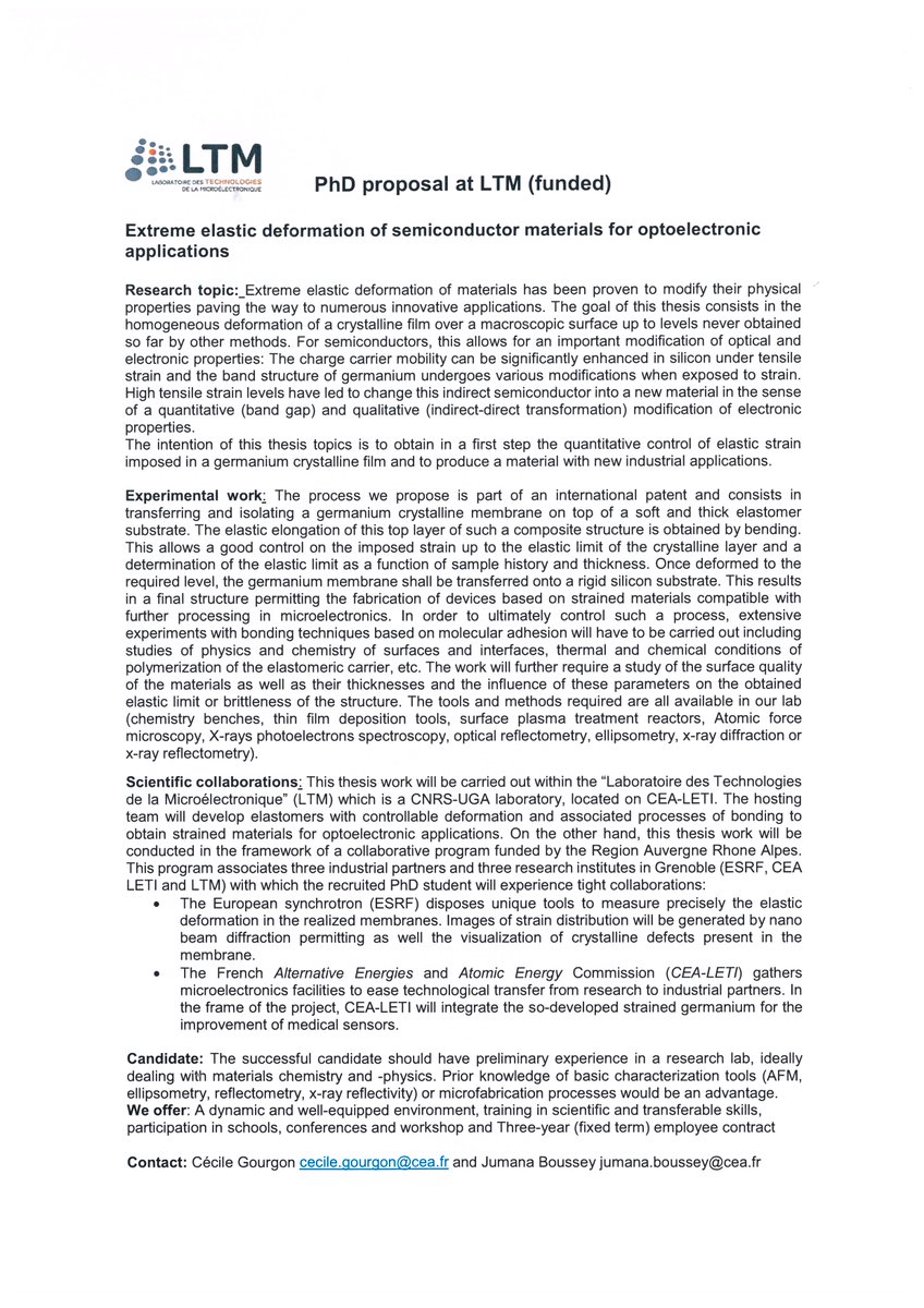 Offre de thèse au LTMLab / Lithographies avancées : "Extreme elastic deformation of semiconductor materials for optoelectronic applications" #offredethèse #phdoffer #phd #grenoble