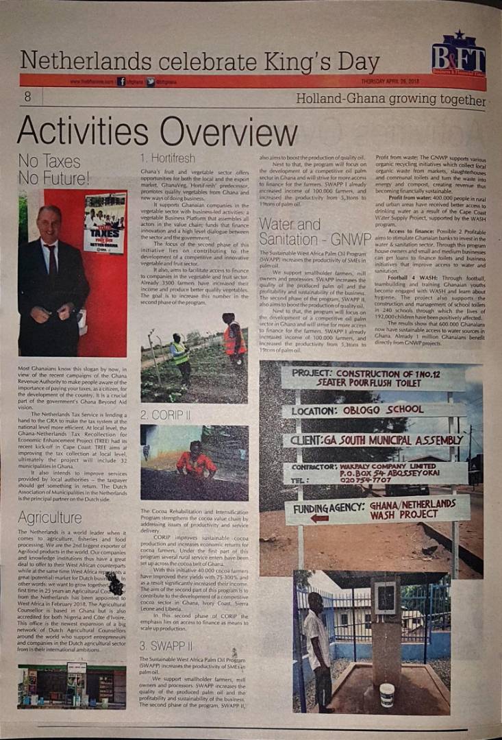 TriciaAsamoah1's tweet photo. 15 pages of Dutch immense contribution to Ghana's economy in the Business and Financial Times (B&FT) #King'sDay #HowwelldoyouknowHolland #HollandGhanaGrowingTogether @NLinGhana #makingitcount #Aid2Trade @GhanaVeg #HortiFresh @hduiker @StrikkerRon https://t.co/MMfDBMRimh