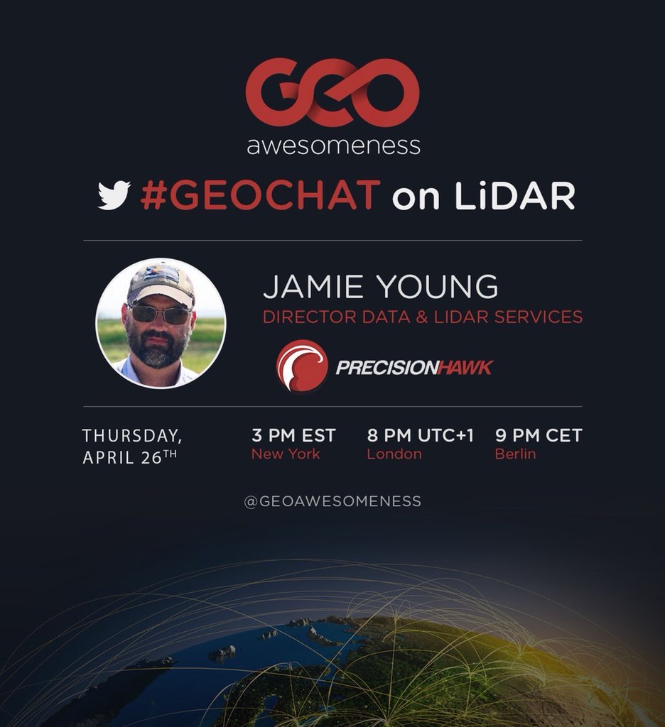 geoawesome_dgtl's tweet photo. Less than 7 hours to go for the first #GeoChat of the year! Join us to chat about #drones and #LIDAR with Jamie Young @PrecisionHawk. Jamie has over 20 years of experience working in the #geospatial industry and is a fellow blogger 😬😎 https://t.co/2r8R2SMzEw