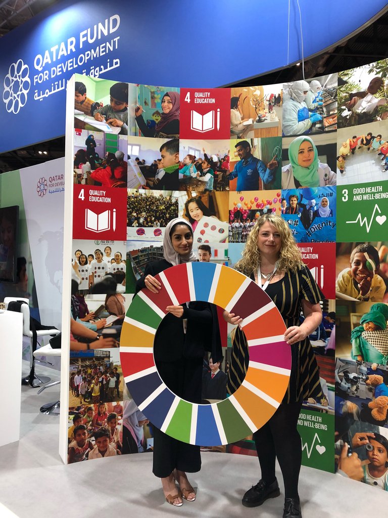 SDGaction's tweet photo. Our Events Manager @Han_Messenger visits our colleagues at the @qatar_fund at @AidTradeLondon! Looking forward to working together to #ACT4SDGs! #Aidandtrade #SDGs #globalgoals @qcharity @EAA_Foundation @Racaqa https://t.co/SaJqvkQ4t9