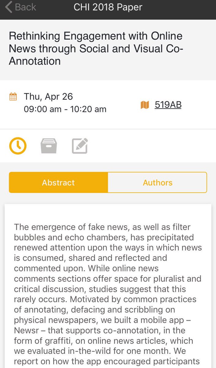 Kiel_S_Long's tweet photo. Last day of #CHI2018 and our paper “Rethinking engagement with online news...” being presented by Gavin Wood. 
Room 519AB first session. 
I’m sure it will make some headlines... https://t.co/O2LW4J3SMX