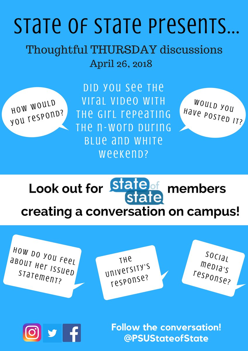 PSUStateOfState's tweet photo. Look out today for State of State members on campus facilitating a dialogue, respecting all opinions, about the controversy between free speech and hateful dialogue. We will cover the recent incident where a female student was shown to be using the n-word repeatedly. #LetsTalkPSU https://t.co/VYxN37oTjL