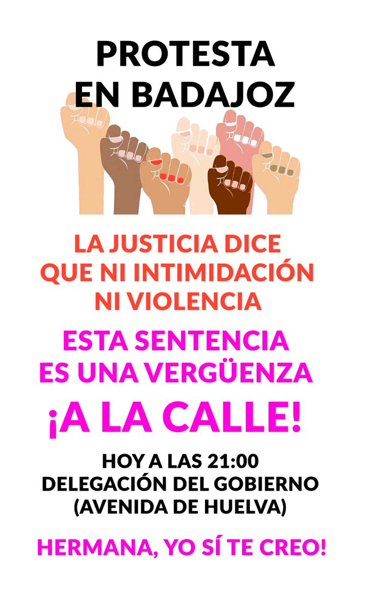 🚨🚨🚨🚨 MÁXIMA DIFUSIÓN - ESTO ES UNA VERGÜENZA 🚨🚨🚨🚨
PROTESTA DE URGENCIA EN BADAJOZ ⚠⚠

▶ A las 13:00h del dia de hoy hemos conocido la sentencia del juicio a La Manada. Condenados tan solo a 9 años de cárcel de los 22 que se pedían.