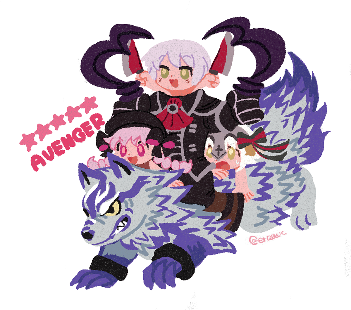jack the ripper (fate/apocrypha) ,nursery rhyme (fate) wolf multiple girls twitter username green eyes 1boy white background smile  illustration images