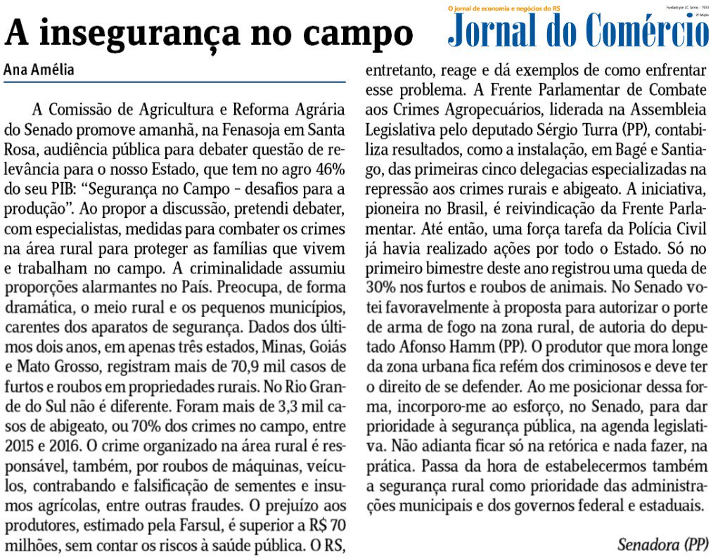 Sergio_Turra's tweet photo. Nosso trabalho por mais #SegurançaNoCampo em destaque no artigo da Senadora @anaamelialemos no @JC_RS.
Nesta sexta estaremos em Santa Rosa, na @Fenasoja, na AP do @SenadoFederal.
#FéNoTrabalho
#FéNoAgronegócio
#FP_CrimesAgro
#FT_Abigeato
#Decrab https://t.co/3itpR2VjhL