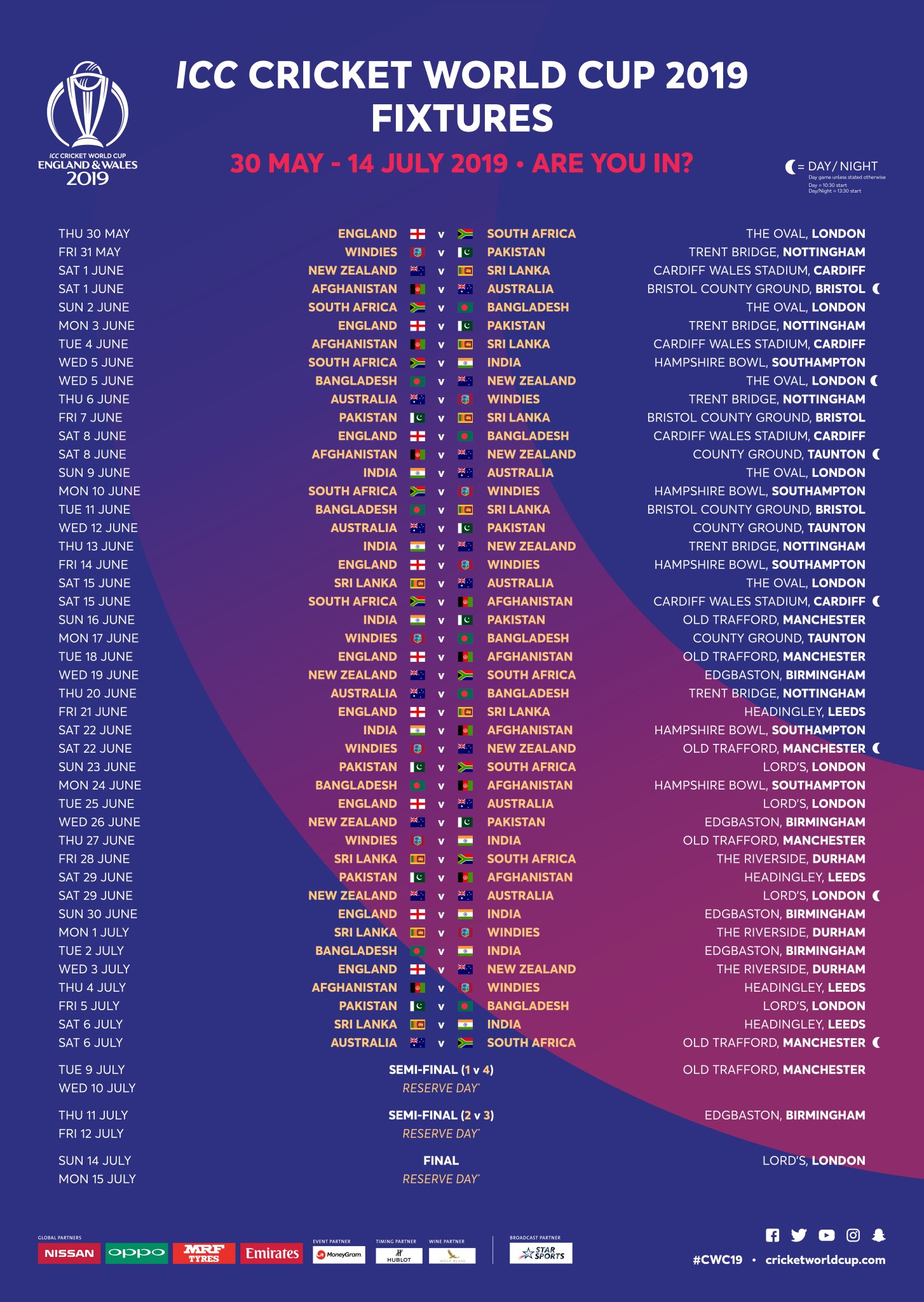 Cricket World Cup on Twitter "The #CWC19 fixtures ARE IN! https//t.co