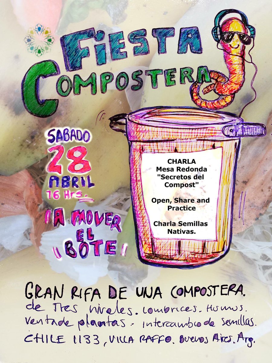 El próximo sábado 28 de abril, de 16 a 20:30 hs. llega la FIESTA COMPOSTERA‼🙂

Una jornada dedicada al #Compost 🐛🍂 para compartir y aprender en familia. ♻😃

📍Chile 1133, Villa Raffo, Buenos Aires.

#RedCompostaje 🌱 #Compostaje #Composteras