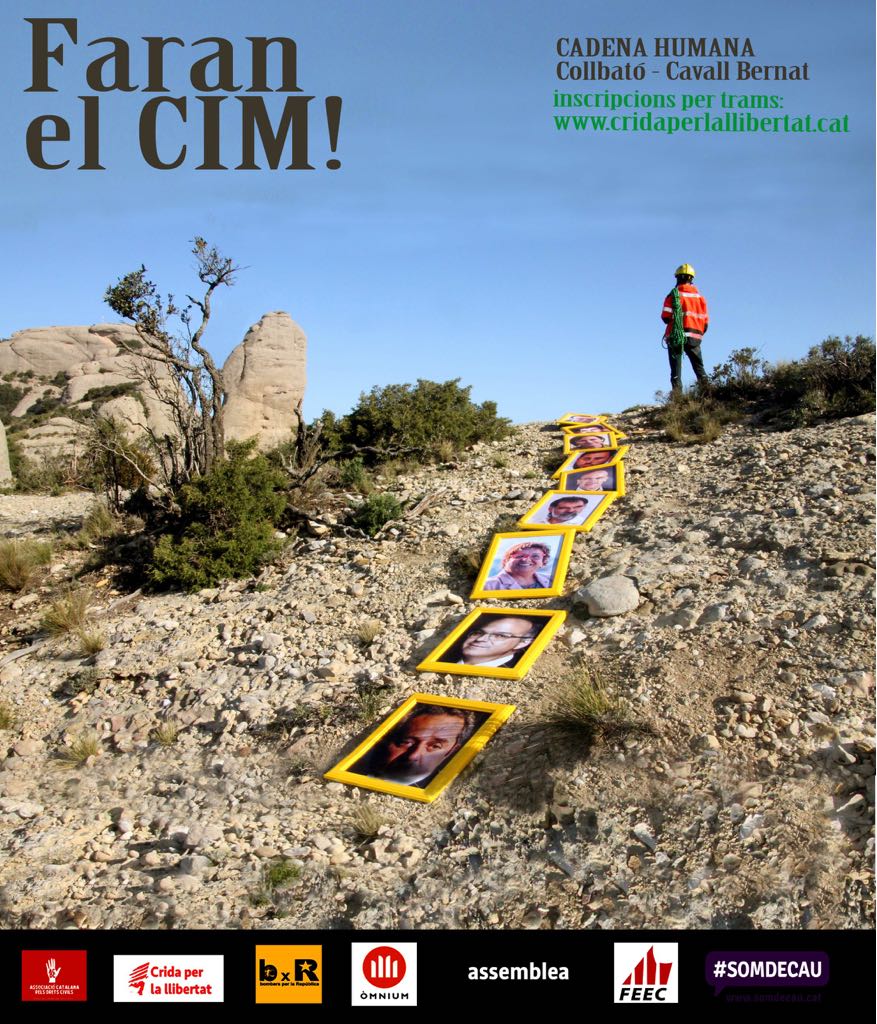 Aquest dissabte 28 d'abril els socis i sòcies participaran a la muntanya de Montserrat una cadena humana en favor dels presos i exiliats polítics catalans. 
L'acció consistirà en una cadena humana estructurada x trams inici a Collbató fins al peu del Cavall Bernat. Us hi esperem!