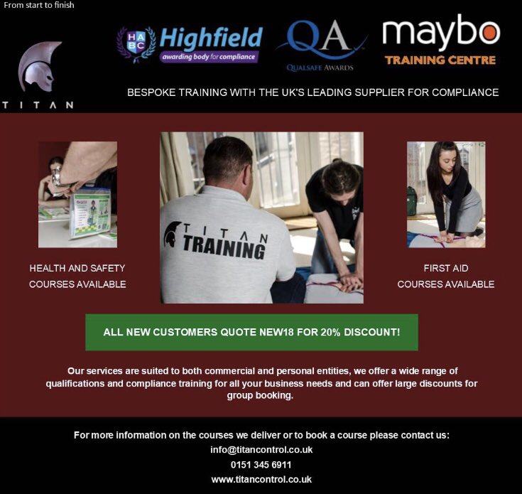 TFML5's tweet image. Get all your compliance training from Titan at fantastic prices with great service. #firstaid #emergencyfirstaid #healthandsafety #training #courses #liverpool #baltictriangle #personallicence #doorsupervision #foodsafety #firesafety