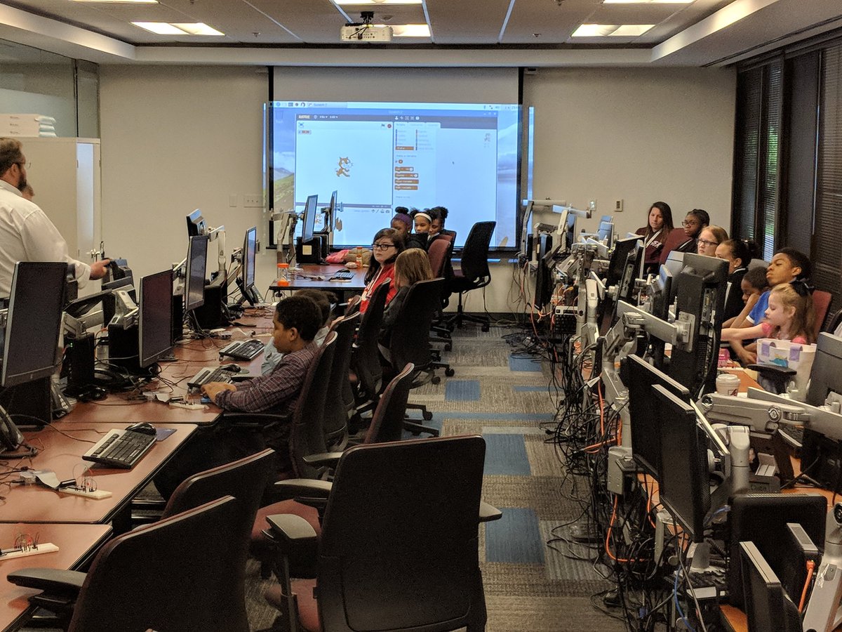 mjmanos's tweet photo. Bring your kids to work day @FirstData in our Atlanta area Tech Hub.  Groups of kids rotating through @Raspberry_Pi programming, Fintech transaction flow fun with prizes and more. The energy is amazing... https://t.co/zUlY3jybsC