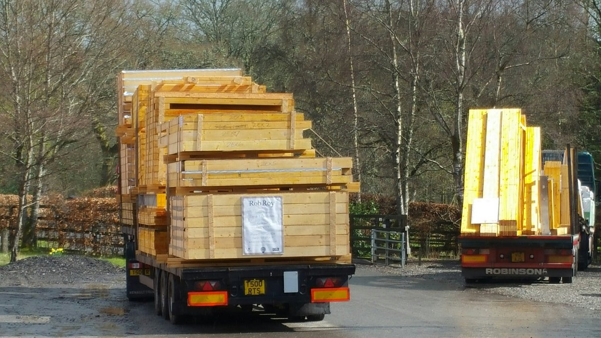 Lorries loaded ready for timber frame delivery to Isle of Islay.