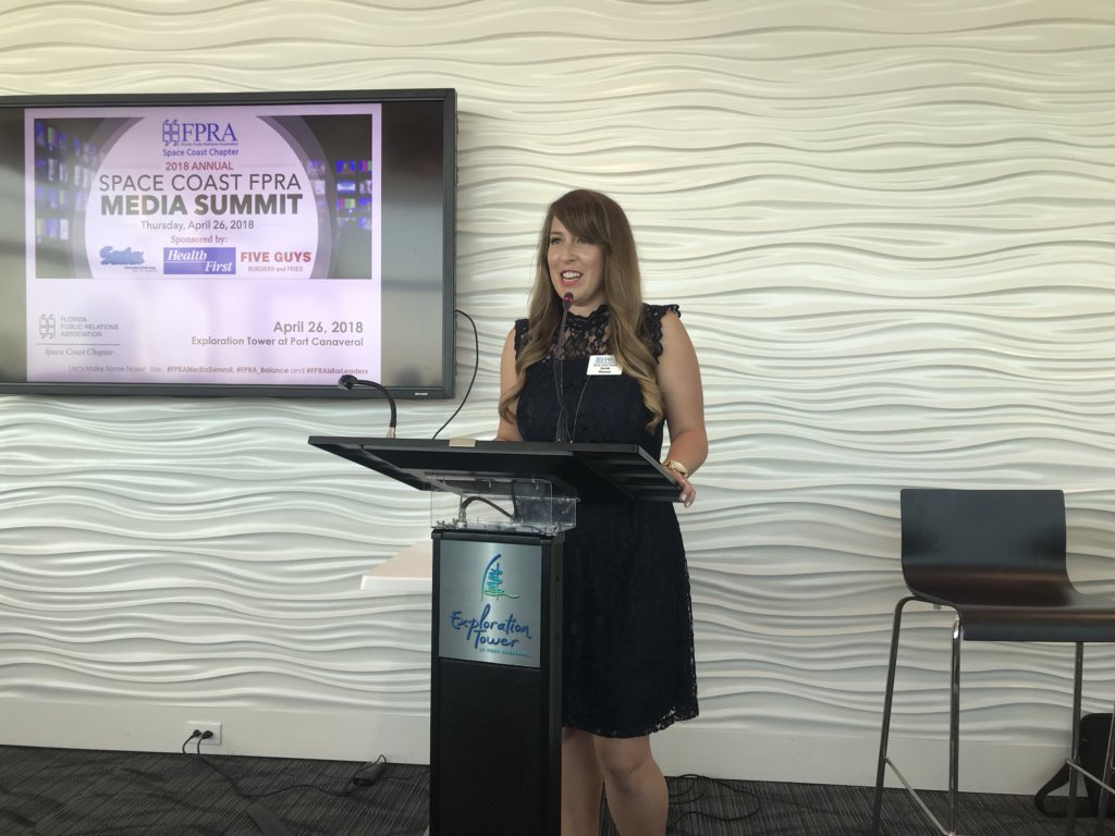 FPRASpaceCoast's tweet photo. Sarah Hansen, Chapter President, is kicking off our Annual Media Summit at Exploration Tower! #FPRA_balance #fpramediasummit #fpraisforleaders https://t.co/c2DAbJuvpD