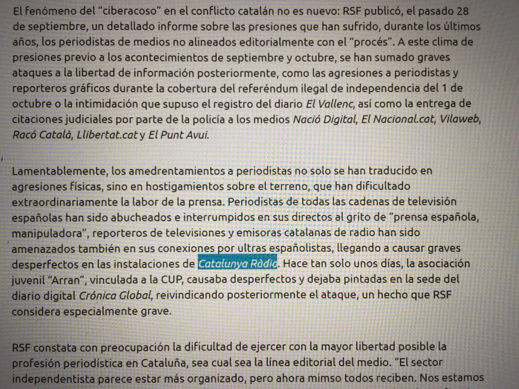 <a href="/JoManola/">Manola J</a> <a href="/ReporterOG/">Reporter ohne Grenzen</a> Die Wahrheit ist, dass <a href="/ReporterOG/">Reporter ohne Grenzen</a> auch Belästigungen gegen andere Medien gemeldet hat. Der Angriff gegen <a href="/CatalunyaRadio/">Catalunya Ràdio</a> oder die Hetzerei der <a href="/policia/">Policía Nacional</a> gegen katalanische Zeitungen gelten als Beispiele.