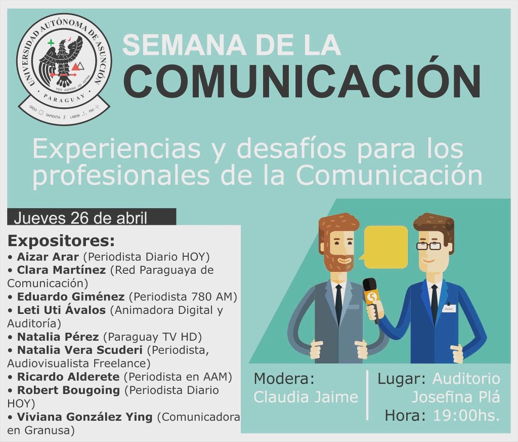 comunicacionUAA's tweet photo. #DíaDelPeriodista 🇵🇾

Continua nuestro ciclo de charlas. 

Desde las 19.00 en el auditorio Josefina Plá de la @uaapy, varios ex-alumnos de @ComunicacionUAA disertarán sobre cómo es el campo profesional para los nuevos comunicadores. 

¡Entrada libre!

#SomosCaraduras 💪🏻 https://t.co/TMb9qd1I7Z