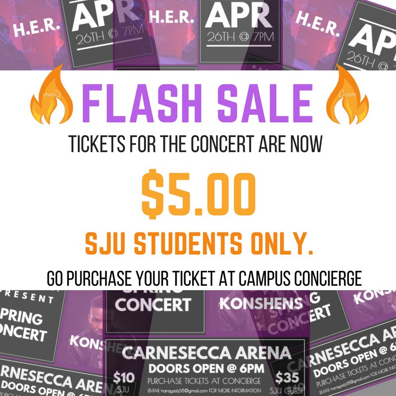 HarayaSJU's tweet photo. “Flash Sale for the Spring Concert! Get your tickets for $5.00 at campus concierge for tonight. SJU STUDENTS ONLY!! Come out and attend on of the hottest events of the Spring Semester!” #SJUnity #WhatIsHipHop https://t.co/sTsAj65jSY