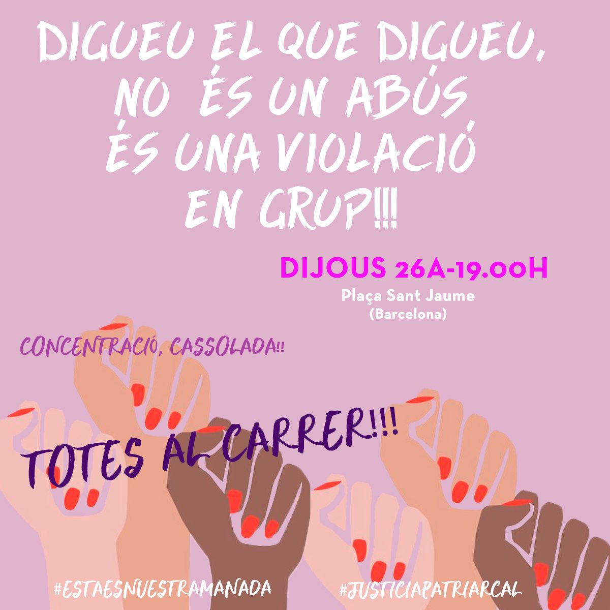 CGTBarcelona's tweet photo. Ràbia, ràbia, Ràbia
Una vegada més es demostra que aquest sistema i la seva "justícia" és UNA MERDA i s'atreviran a dir-nos que no ens prenguem la justícia per la nostra mà.
Una violació és una violació #laManada https://t.co/6NzVUaqhx5