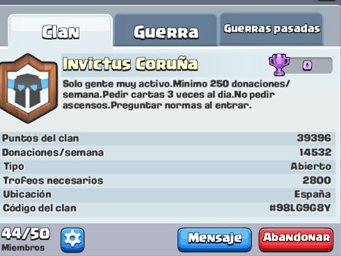 Buscando nuevos miembros para el clan "Invictus Coruña" 
Buscamos gente que colabore en las guerras de clanes y pida cartas 3 veces al dia normalmente. Somos un clan serio. Ascendemos a todo el mundo que demuestra su compromiso con el clan. Se agradece difusion <a href="/aQuiLesCoc/">Aquiles CoC</a>