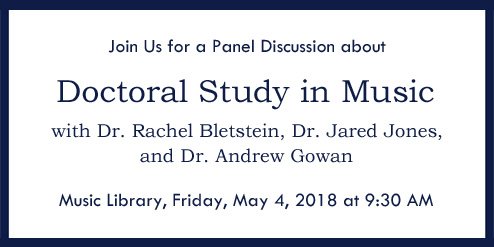 UofSCMusicLib's tweet photo. Join us on Friday, May 4th at 9:30 AM in the Music Library for a panel discussion about doctoral study in music. Panelists include Dr. Andrew Gowan, Dr. Rachel Bletstein, and Dr. Jared Jones. https://t.co/Ga04jlHOny