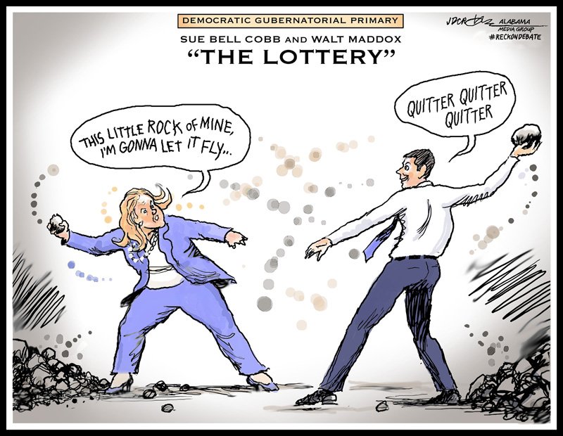 Crowetoons's tweet photo. Sue Bell Cobb and Walt Maddox rock each other's world #Reckondebate #Alpolitics https://t.co/wVq7UZCyau https://t.co/bQLwW9vN20