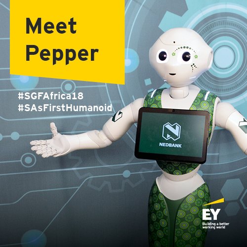 EY_Africa's tweet photo. Make time to meet a very special guest at the EY Africa Strategic Growth Forum: Nedbank’s Pepper, the first humanoid robot in South Africa! #SGFAfrica18 #AfricasDigitalRevolution @Nedbank #SAsFirstHumanoid https://t.co/FqQbaUtBCP