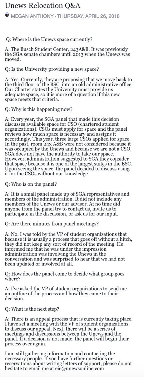 Student editors <a href="/TheUNews/">The University News</a> put out an FAQ to explain the total lack of input they had in SGA &amp; SLU admin decision to give newsroom to other orgs &amp; force student newspaper into smaller space with questionable adequacy #SaveStudentNewsrooms