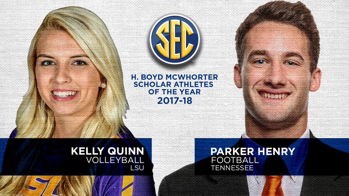 SEC's tweet photo. Drumroll, please... 

The 2017-18 SEC H. Boyd McWhorter Award winners are @kellyquinn_14 and @mrparkerhenry! 👏

Details » https://t.co/WNbvOqQZSw https://t.co/Q7hxrxqFt7
