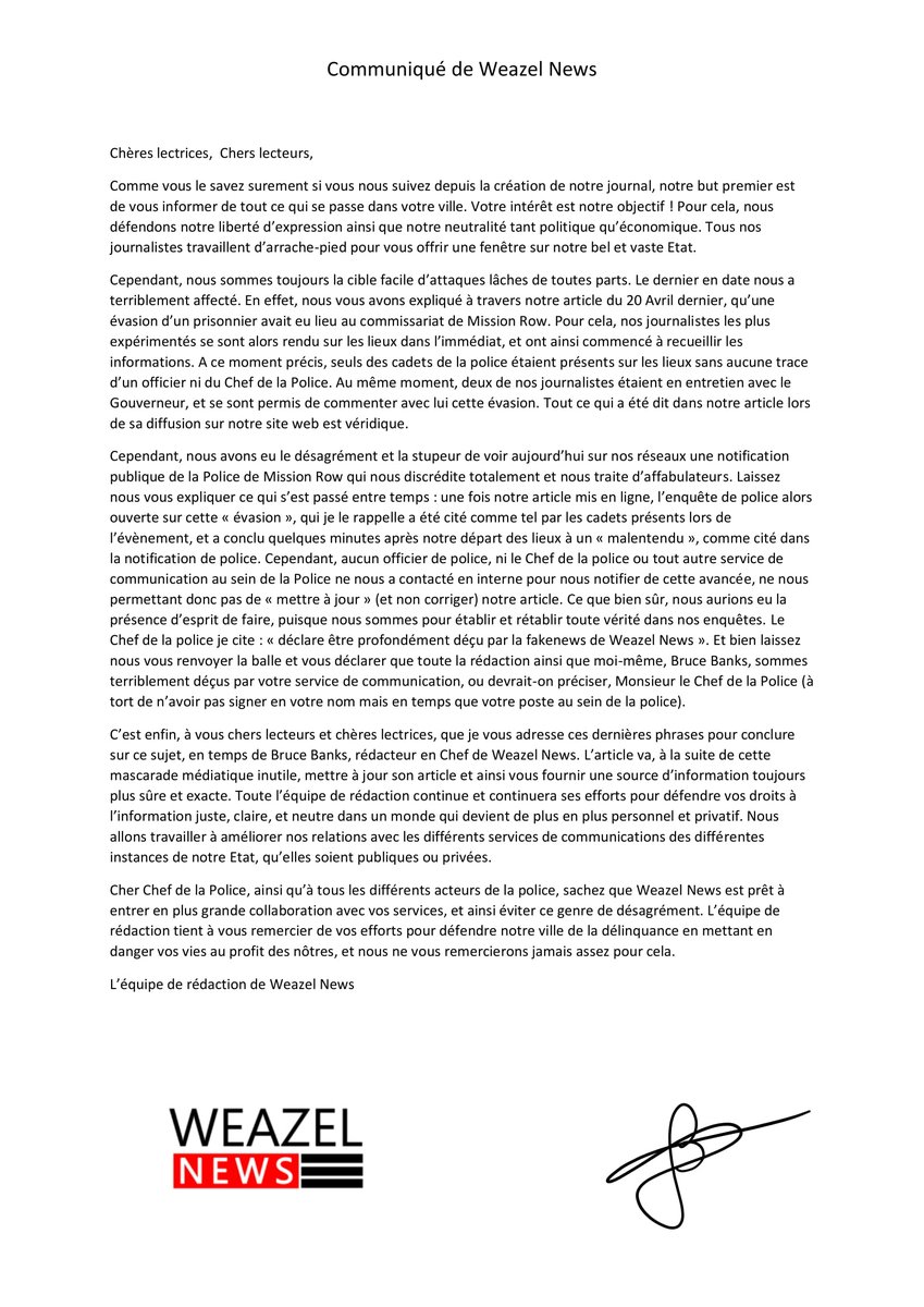 WZN_ETA's tweet photo. Nouveau communiqué de la part de toute l'équipe de rédaction pour éclaircir le dernier séisme médiatique qui touche à nos valeurs et à votre droit à l'information ! #WeazelNews #SadojRP https://t.co/nDo5mjZCFF