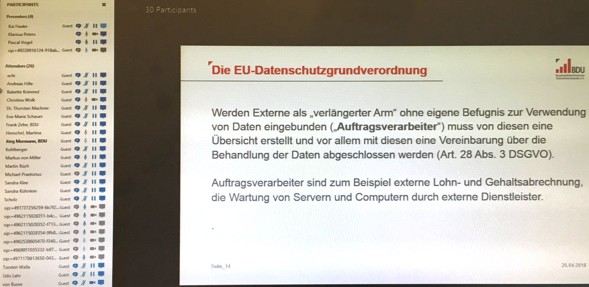 BDU_eV's tweet photo. Insgesamt 26 #BDU-Experten diskutierten gestern Abend unter Leitung des #BDU_eV Gf. und Justiziars, Kai Haake und Pascal Vogel von von Rundstedt ueber die Relevanz der am 26. Mai in Kraft tretenden #DSGVO auf die #Outplacementberatung. https://t.co/yomwrXOdw5