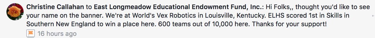 ELEEF01028's tweet photo. @ELHSspartans  We received this message today. Thank you, Christine Callahan. We have been long time supporters of ELHS robotics &amp; Mr. Van Buren, having funded VEX kits &amp;software many times over the years. We're thrilled to see your team doing so wel! Congratulations! #Robotics https://t.co/sasUuKD97t