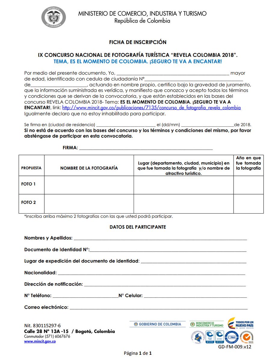 RevelaCO's tweet photo. Recuerda que puedes enviar tus fotografías hasta el 2 de mayo para participar en #RevelaColombia 2018. Esta es la ficha de inscripción con la que puedes participar. Más información en el link... https://t.co/8zXx5OLbbW https://t.co/Eo4C2XTfpY