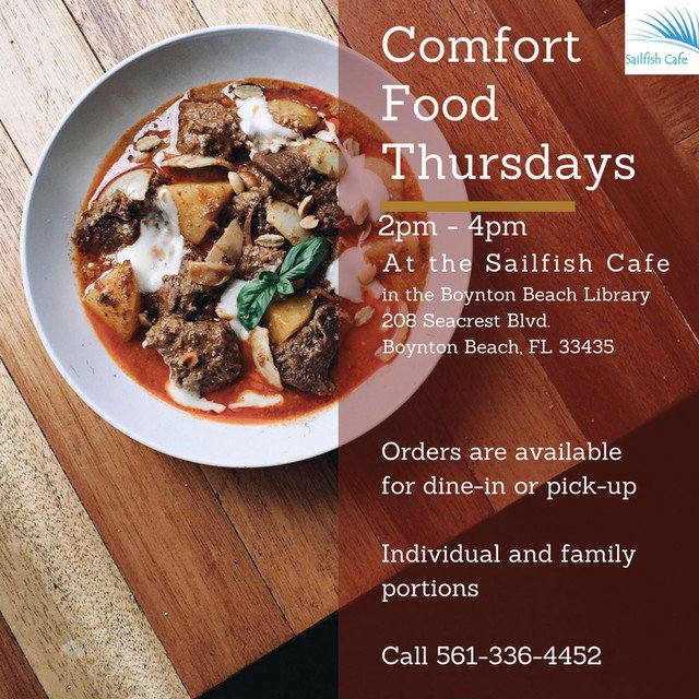 BoyntonBeachCRA's tweet image. 1.Are you already thinking about dinner? We are!
Visit the Sailfish Cafe for Comfort Food Thursday!
#hitthebiz #boyntonbeach #bbcra #ComfortFoodThursday #comfortfood #eatlocal #weeknightdinner #thursday #yum